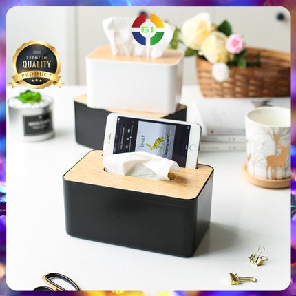 Kotak Tisu Kayu dengan 2 Lubang Smartphone Holder Mobile and Tissue Box White COD