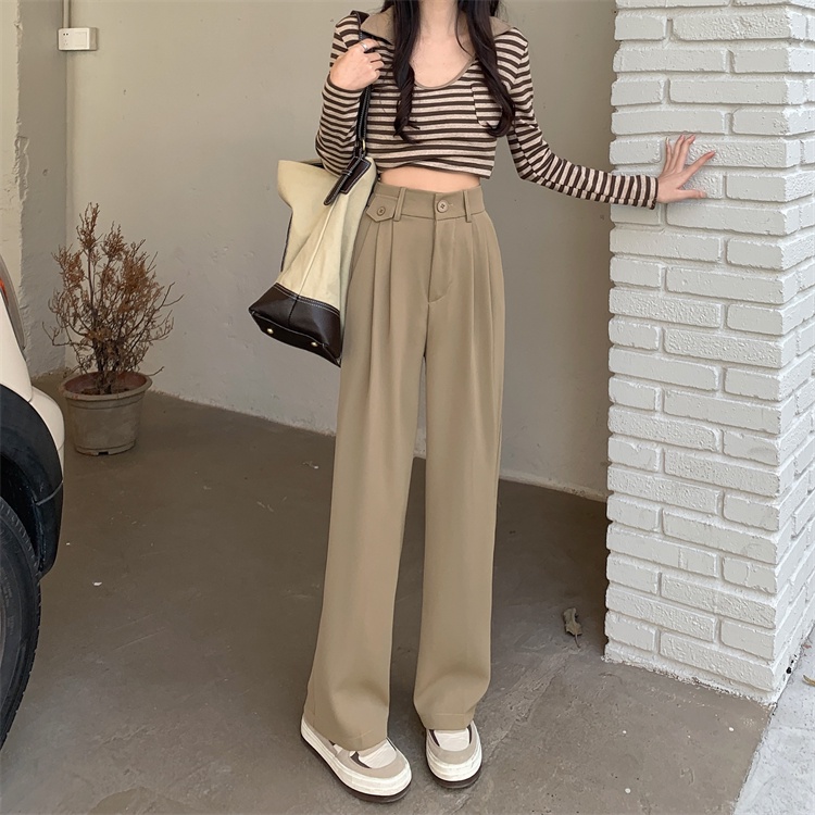 Khaki / Hitam Highwaist Kasual Loose Celana Panjang Wanitan / Celana Setelan Korea Style