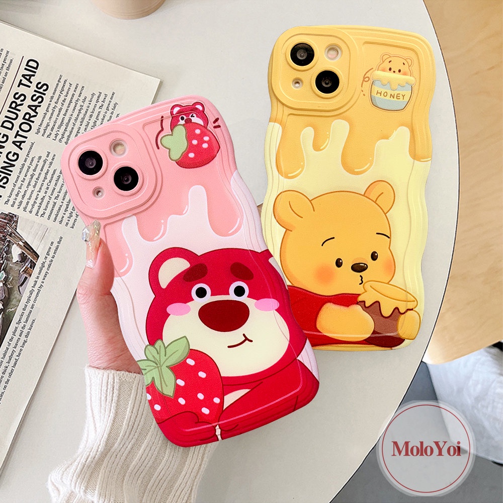 IPHONE Case Beruang Strawberry Kompatibel Untuk Iphone14 11 12 13 Pro Max 6 6S 7 8 Plus XR X XS Max SE 2020 Lucu Losto Kartun Winnie the Pooh Wavy Edge Soft TPU Back Cover