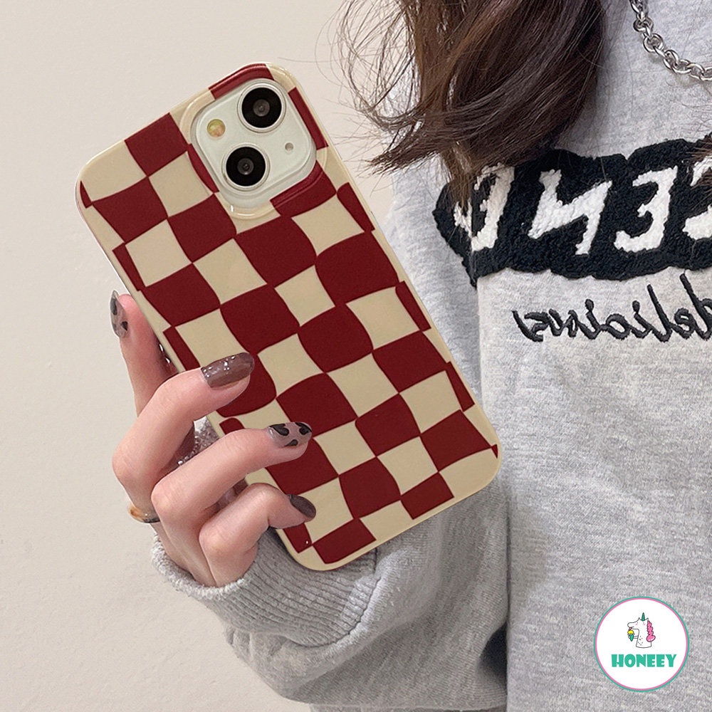 IPHONE Fashion Anggur Merah Kisi Grid Glossy Casing Ponsel Untuk Iphone14 13 12 11 Pro Max Halus Tipis Lembut TPU Belakang Ponsel Cover