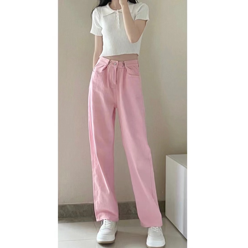 Pink Highwaist Lurus Kasual Loose Celana Jeans Wanita