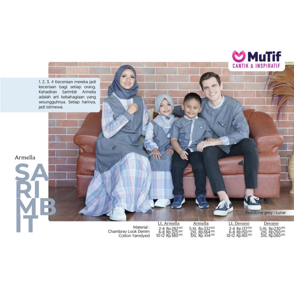 Mutif-Sarimbit Armella Devano Bahan Chambray Look Denim Warna Folkstone Grey Gamis Simpel Anak Set Hijab Koko Lengan Panjang Polos Kombinasi Motif Kotak