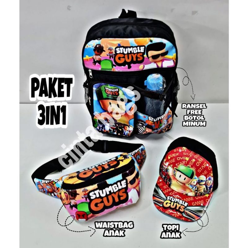 Tas ransel anak stumble guys 4in1 - tas + waistbag + topi + botol minum