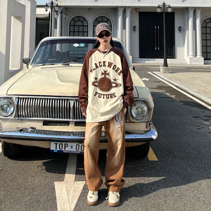 ⊕☾✷American Retro Lengan Panjang T-shirt Wanita Oversize Niche 2023 Musim Semi dan Musim Gugur Tide Merek High Street Tipis Sweater In Tide