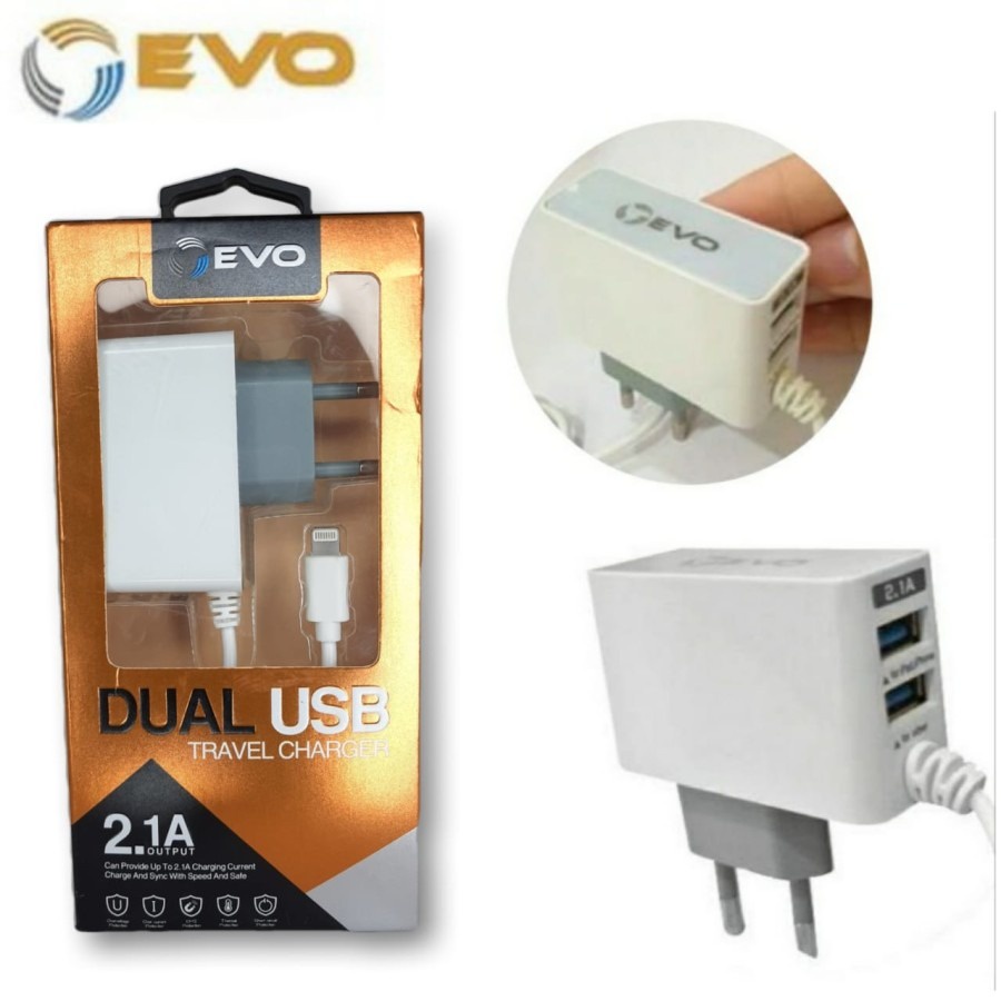 EVO AC-100 Charger Hp Kabel Lightning 2.1A Dual Port USB Charging