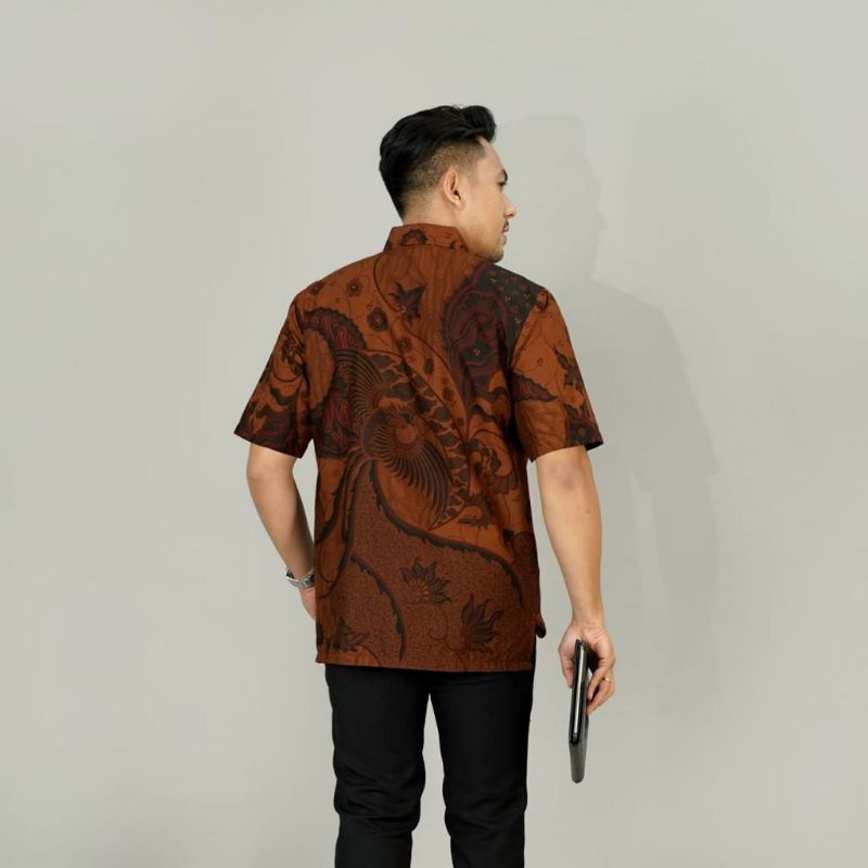 Batik kemeja pria lengan pendek &amp; panjang bahan katun baturaden reguler coklat sogan