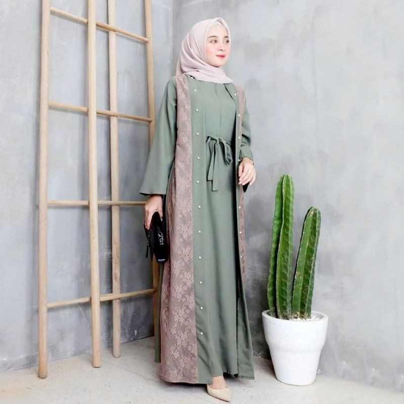 Baju Gamis Wanita Terbaru ELINA DRESS Gamis Muslimah Bahan Mosscrepe Aplikasi Brukat Gamis Kondangan