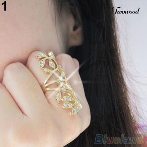 Twowood Fashion Wanita's Berlian Imitasi Mengkilap Berongga Daun Bersama Armor Knuckle Cincin Perhiasan