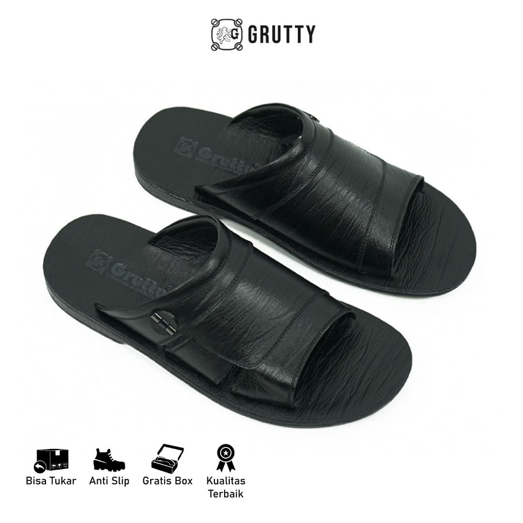 Grutty Sandal Pria Sendal Kokop Cowok Kulit Asli Casual Slide Premium Hitam