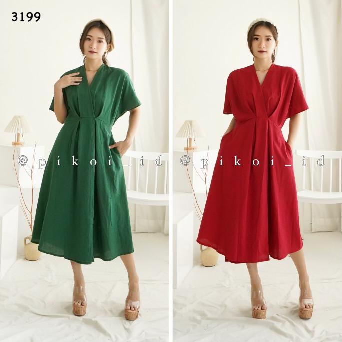Dress wanita hijau natal / dress merah imlek cny v neck katun linen