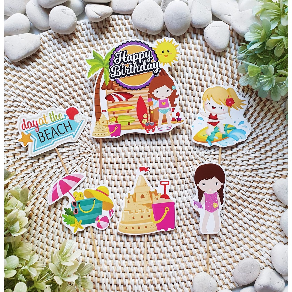 satu set cake topper hiasan kue ulang tahun karakter Beach Girl / Pantai anak perempuan