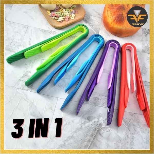 Capitan Penjepit 3 in 1 Plastik Jepitan Roti Kue Serbaguna Tahan Panas Anti Lengket Capitan Gorengan Salad Buah Sayuran Dapur Masak Silicone Plastik 3 in 1 Kitchen Food Tongs TERMURAH TERLARIS