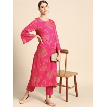 BAJU KURTI INDIA SIZE S ASLI ANOUK WARNA PINK FLORAL 1 SET DENGAN CELANA / BAJU ANARKALI INDIA / BAJ