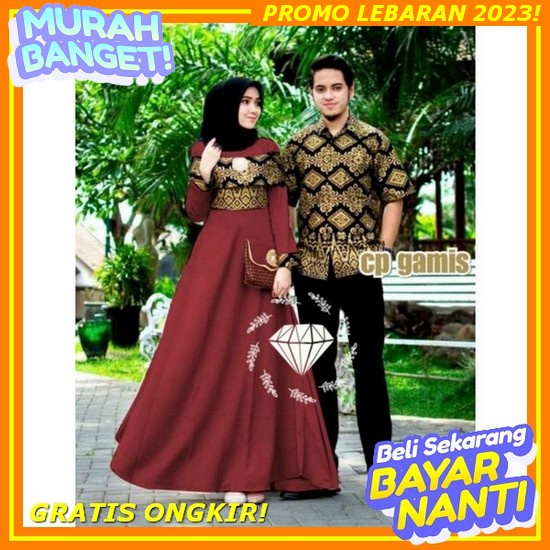 Wou Batik - Baju Batik Couple Lila Gamis Brukat Premium Modern | Couple Batik Gamis Tunagan | Baju B