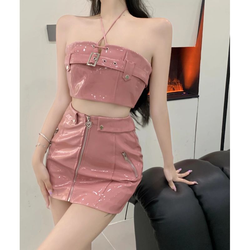 Red [Setelan Dua Potong] Pure Desire Hot Girl Pink Pendek Tube Top Rompi + Tinggi Pinggang Slim Skinny Hip Rok