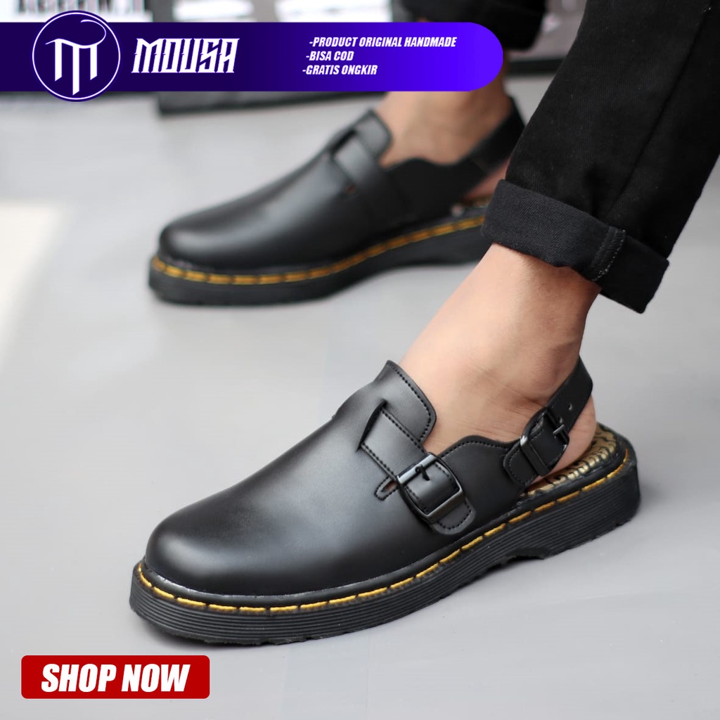 Sandal Docmart Pria Hitam Kulit Pu Nyaman Santai Mousa Yve