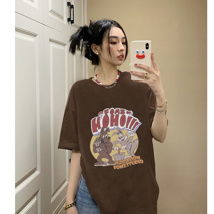 Cartoon Kaos Lengan Pendek Cream Atasan Wanita Oversize Printed T-shirt Kekinian Korean Style/t shirt tee