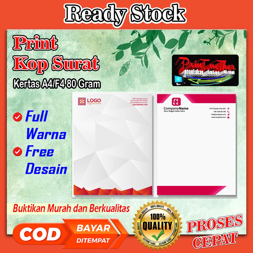 

Print Kop Surat A4/F4 hvs 80 grm Full Warna Minimal 100 Lbr