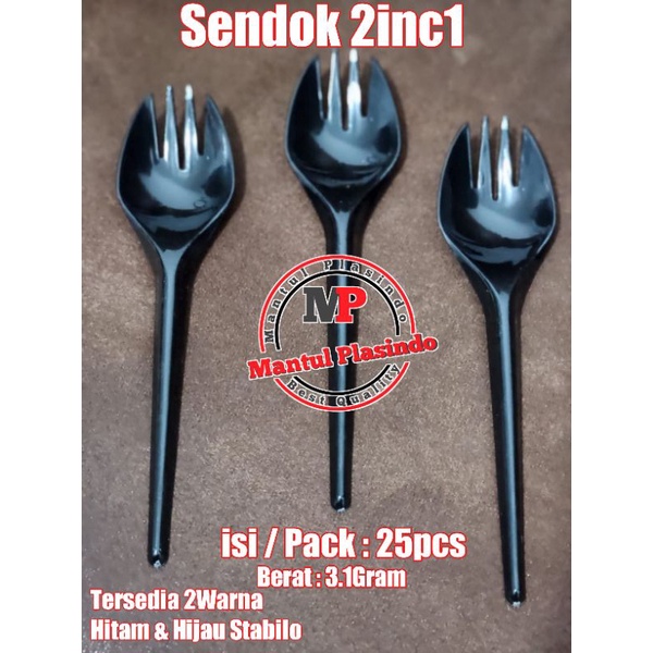 isi 25pcs Sendok Plastik Tebal 3.1Gram 2inc1 PS / Sendok Garpu Makan Hitam &amp; Hijau Stabilo