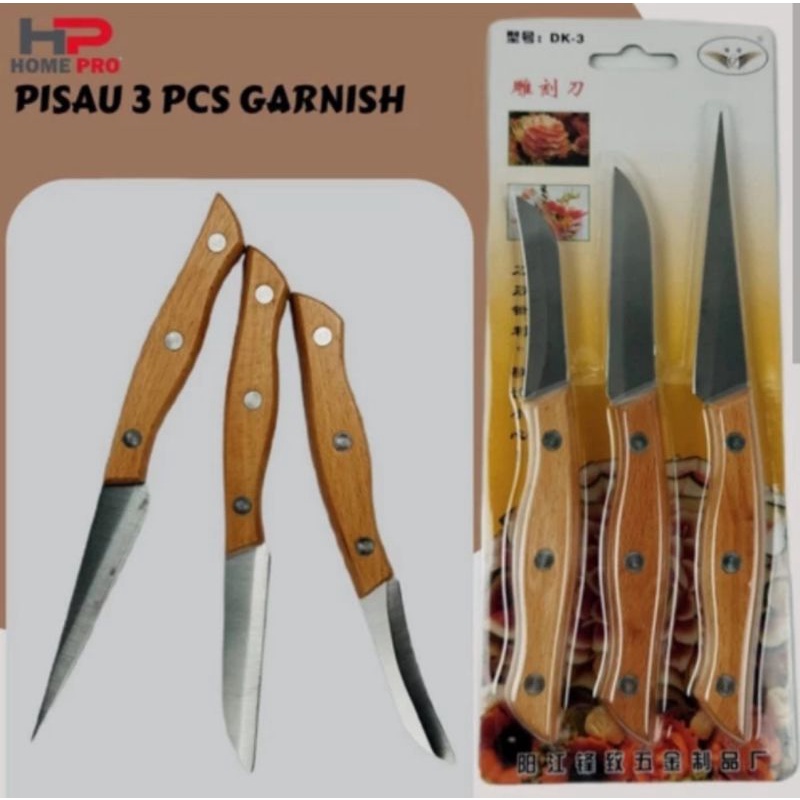 3pcs pisau garnish / pisau piso ukir buah / pisau ikan / pisau carping tajam isi 3pcs gagang kayu