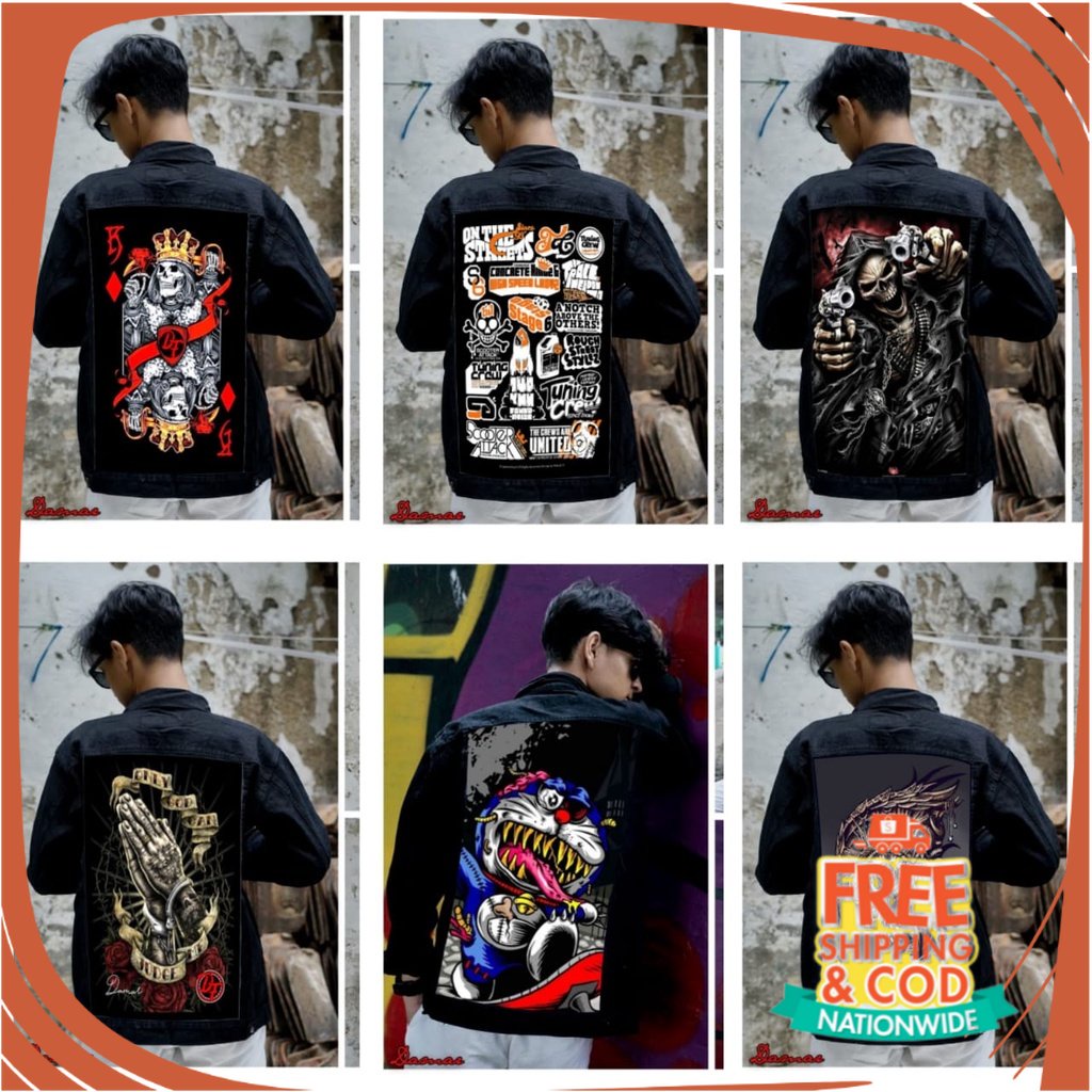 JAKET JEANS NEW BREND DENIM UNISEX/ jaket jeans pria terbaru 2022 bergambar belakang doraemon hitam 