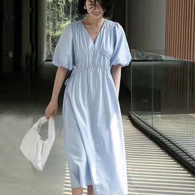 DRESS KATUN BIRU MUDA V-NECK SERUT SAMPING LENGAN BALON KOREA IMPORT