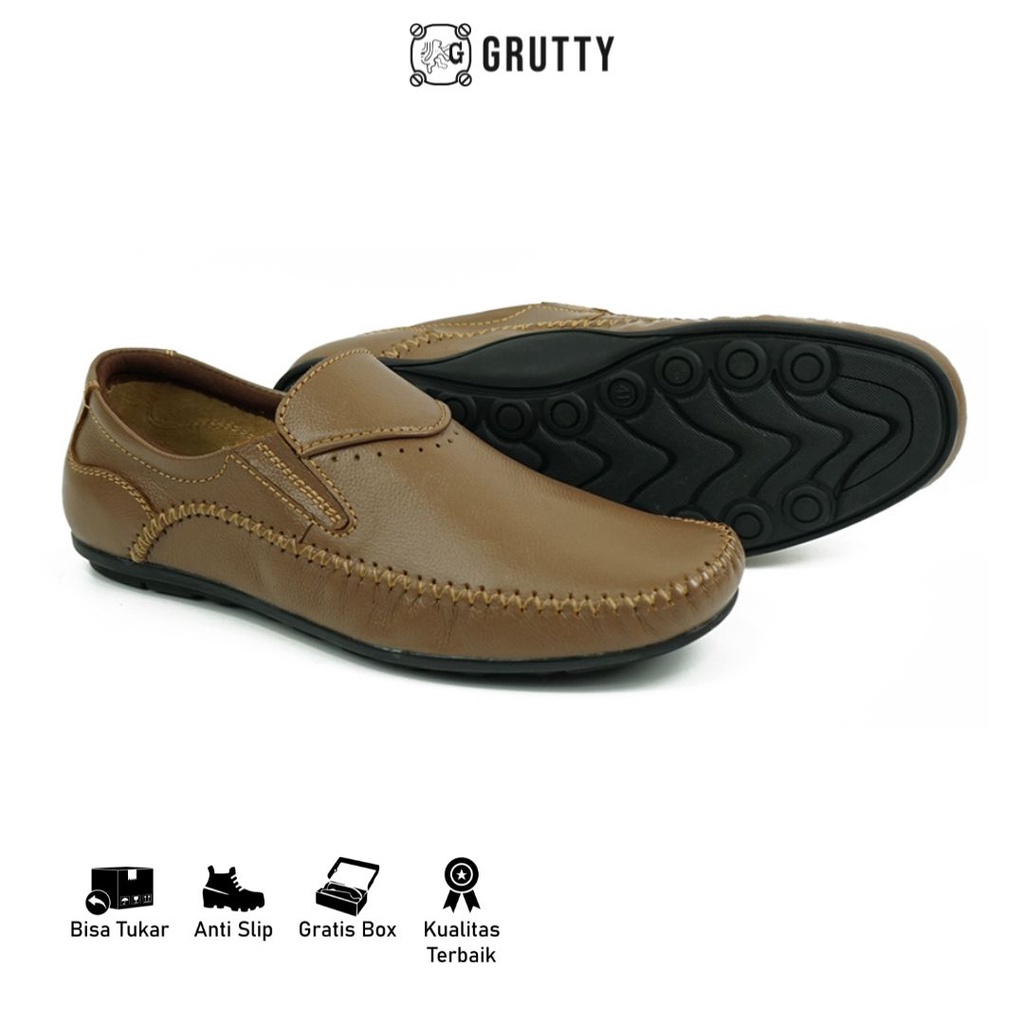 Sepatu Pria Kasual Pantofel Slip On Kulit Asli Grutty JN8810 Tan