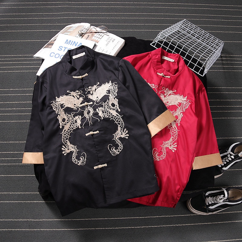 cheong sam imlek pria lengan pendek motif 2 naga edisi imlek gong xi fa cai / pernikahan