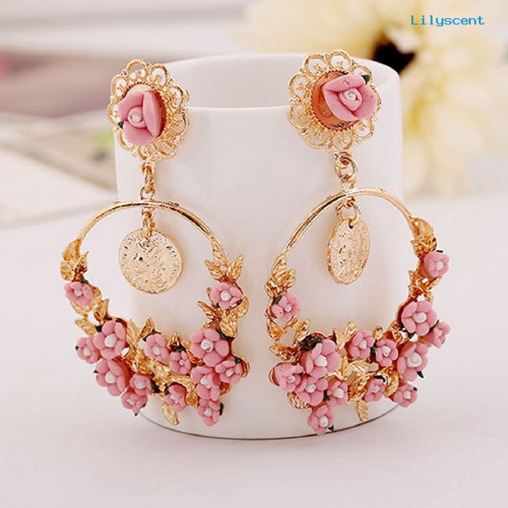 [LS] Ear Studs Cincin Melingkar Tidak Karat Motif Bunga Fashion Wanita Flower Menjuntai Ear Studs Untuk Kehidupan Sehari-Hari