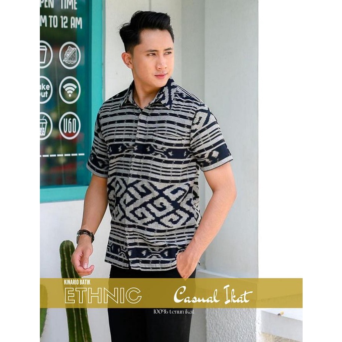 Kemeja Pria Kinario Baju Tenun Ikat Etnik Toraja Black White