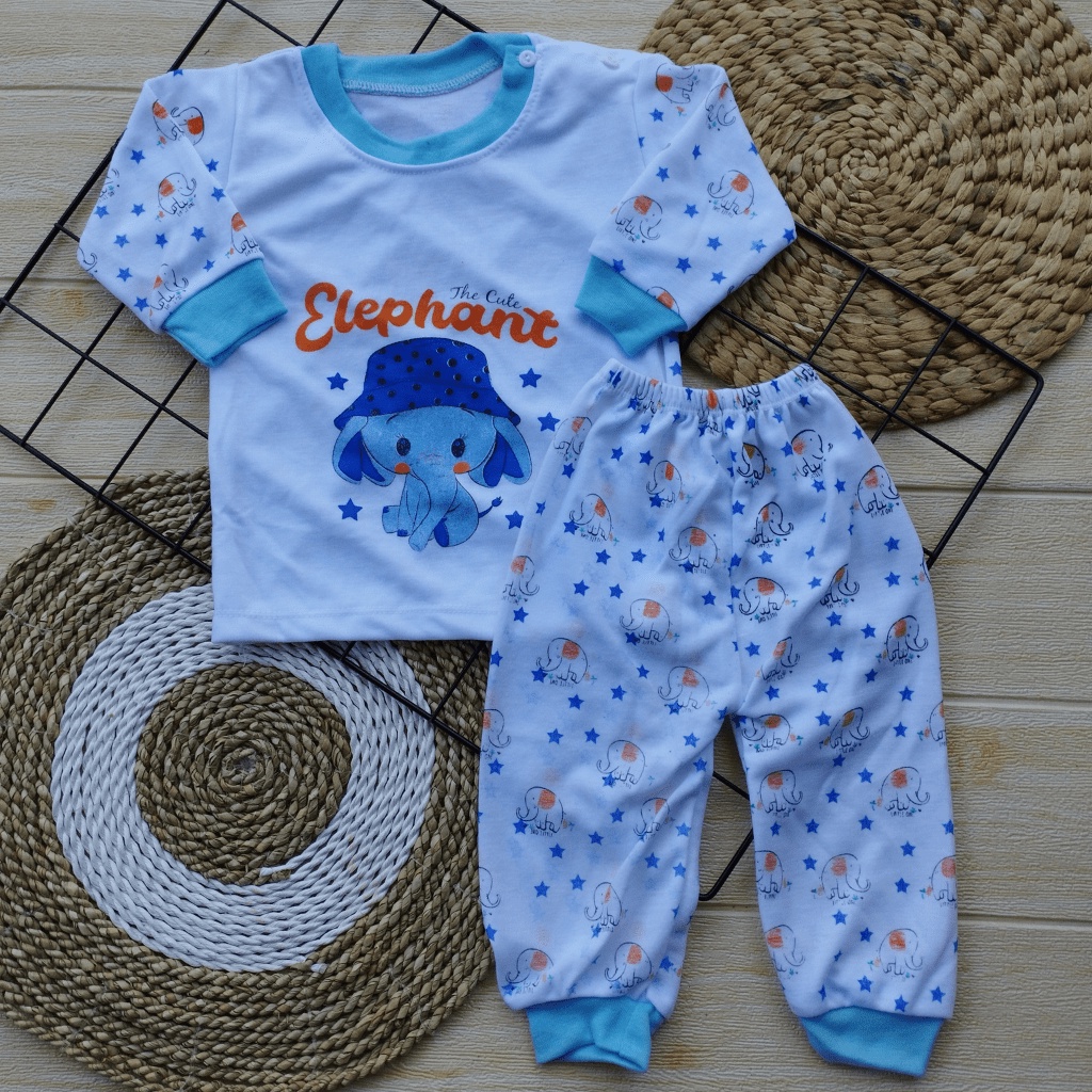 Setelan Piyama Panjang Oblong Baju Tidur Baju Anak Usia 3-12 Bulan Motif Elephant Oblong Kancing Bahu