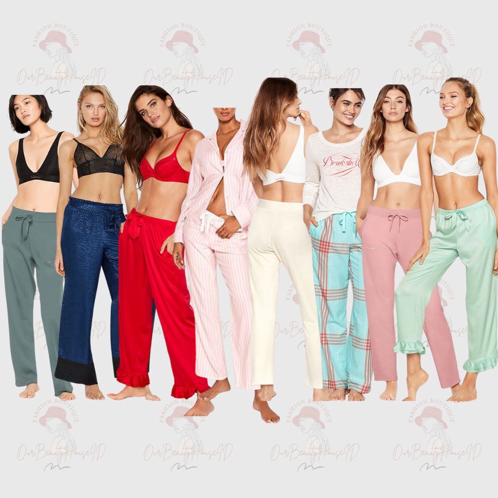 VS Celana Bahan Silk Ruffle Pants Red Loungepants Stripe Whitepink  Navy Zebra Print Heavenly Lounge