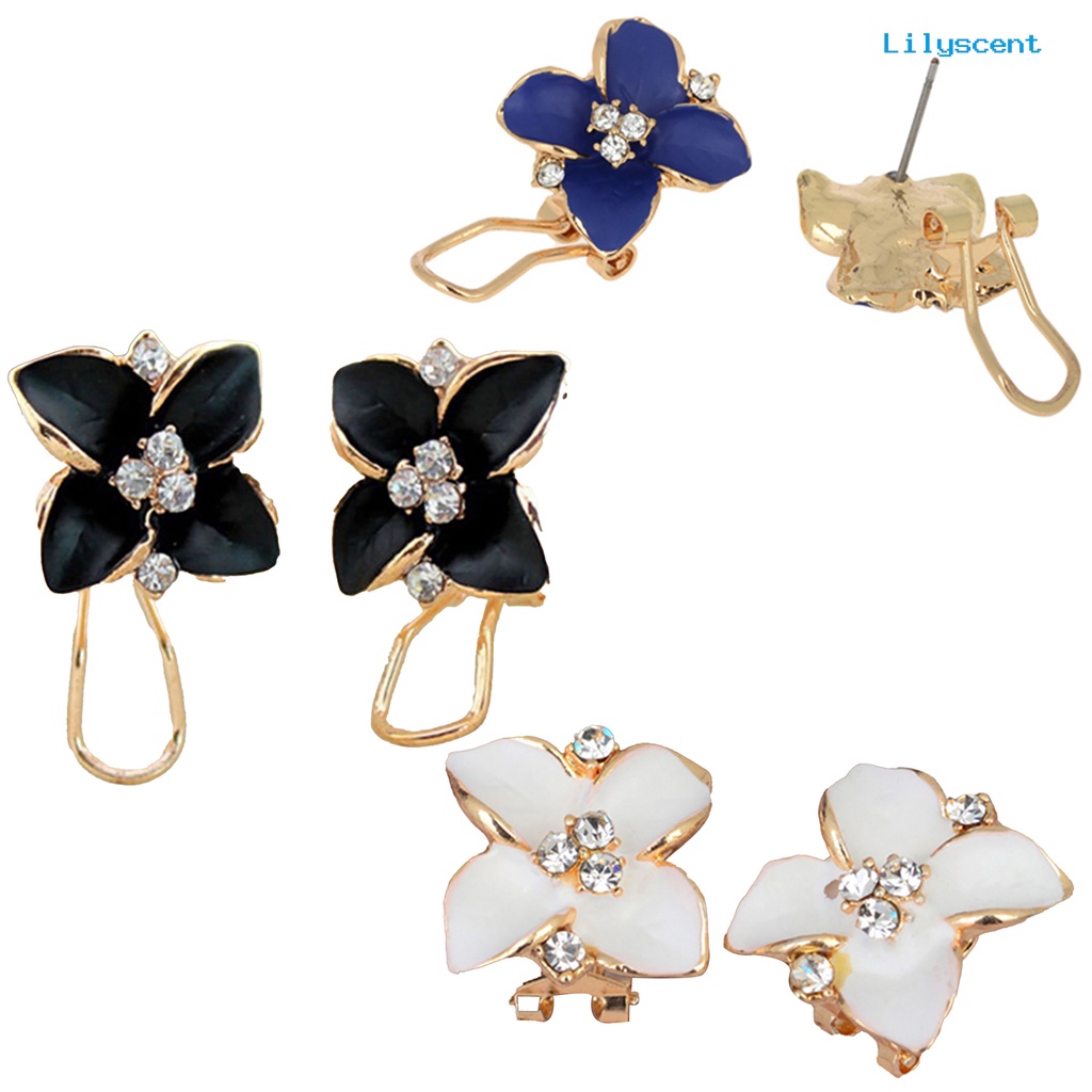 [LS] 1pasang Wanita Fashion Elegan Kristal Imitasi Camellia Ear Studs Earrings Perhiasan Untuk Pakaian Sehari-Hari