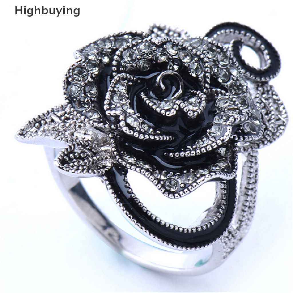 Hbid Wanita Retro Bunga Mawar Cincin Hitam Kristal Vantige Bunga Besar Rings Perhiasan Hadiah Glory