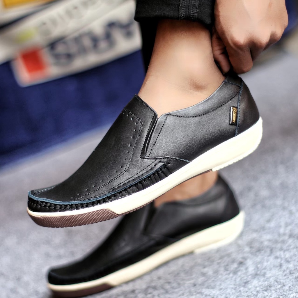 Sepatu Loafer Kasual Kulit Sapi Premium Hitam Pria Slip On Slop Casual Formal Waterproof Cowok Lelaki Remaja Dewasa Enoz Pedro