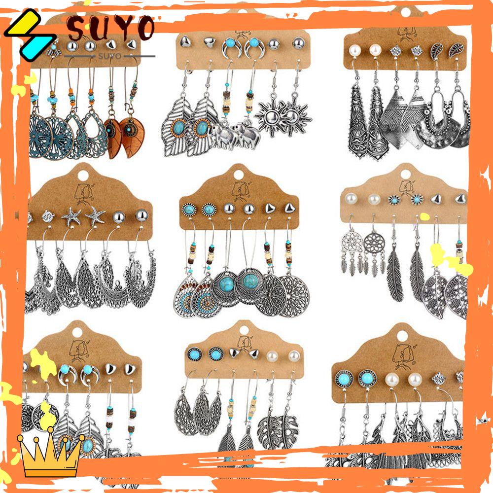 Suyo Anting Set Pirus Wanita Batu Hijau Warna Silver Panjang