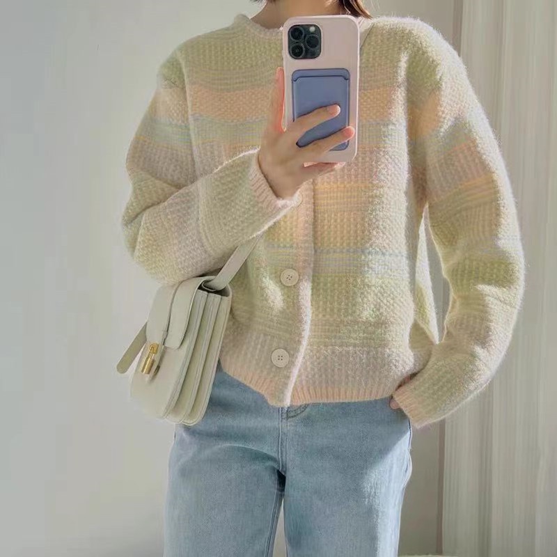 SQUARED RAINBOW CARDI KOREAN CARDIGAN SWEATHER KOREA SWEATER WANITA BAHAN RAJUT PREMIUM