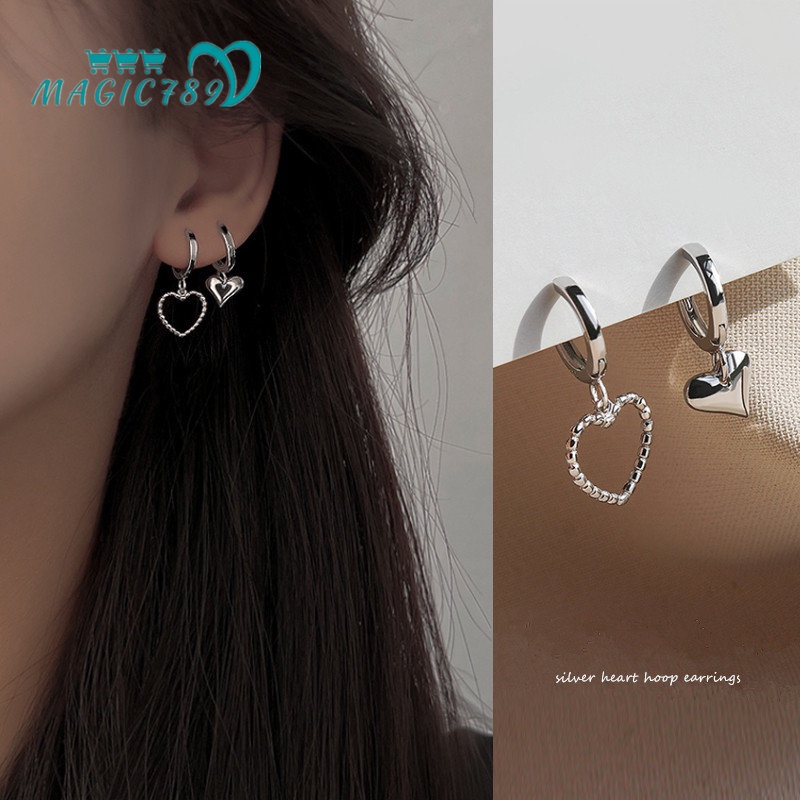 Magic789 Chic s925 Perak Indah Hati Hoop Anting Untuk Wanita Gadis Korea Fashion Menjuntai Anting-Anting Pesta Pacaran Telinga Perhiasan Hadiah