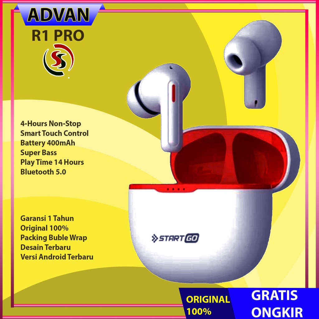 Advan StartGo Eargun In-Ear TWS Earphone Bluetooth Waterproof Garansi Resmi - Putih