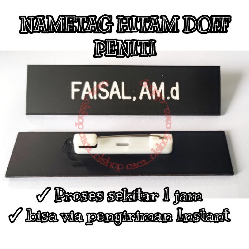 Nametag Hitam Dop Papan Nama Dada PDH PNS Akrilik Gravo Acrylic Grafir Dove Dov Peniti Paku Magnet