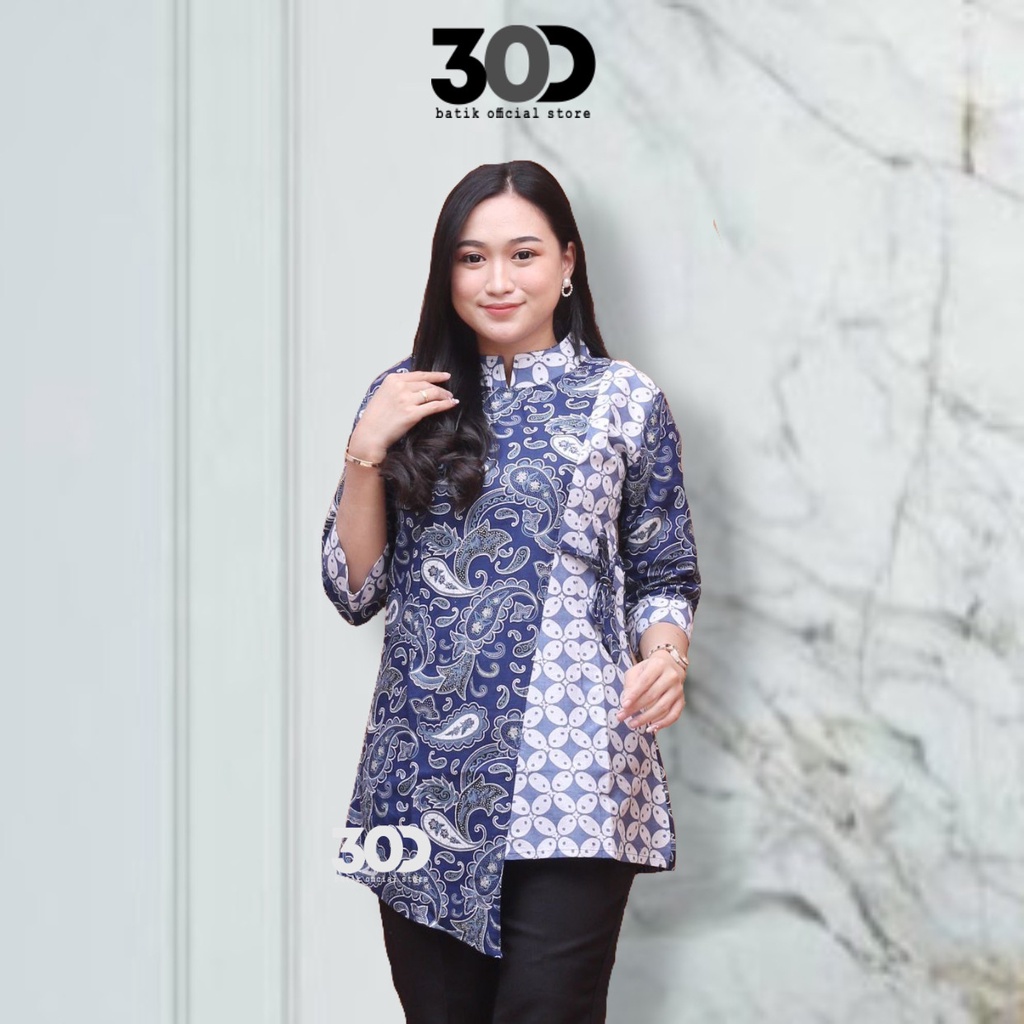 30Dstore TERONG Atasan Blouse Batik Wanita Modern Pitaloka Kombinasi Resleting Depan Motif Bunga Len