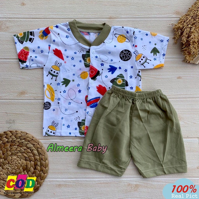 Setelan Baju Bayi Piyama Bayi Lengan Pendek Kancing Depan Motif Laki Laki Usia 3-12 Bulan Almeera Baby and Kids