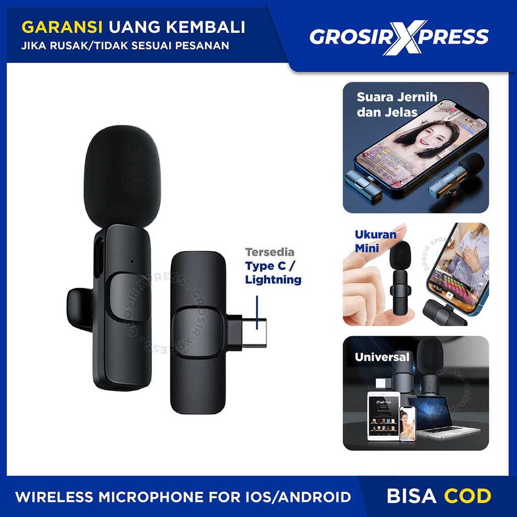 Mic Clip On Wireless Hp Mini Portable Mikrofon Nirkabel Alat Perekam Audio Microfon Vlogger For Type C Lightning  | GROSIRXPRESS