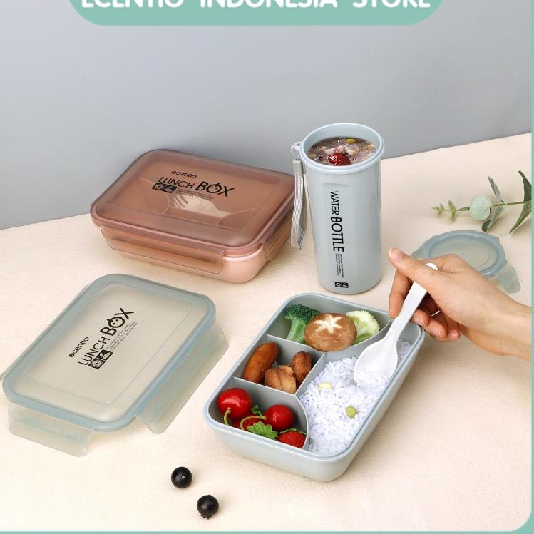 ecentio 1100ml 4 set Kotak makan siang dengan botol air/ tempat makan siang portabel anti bocor lunc