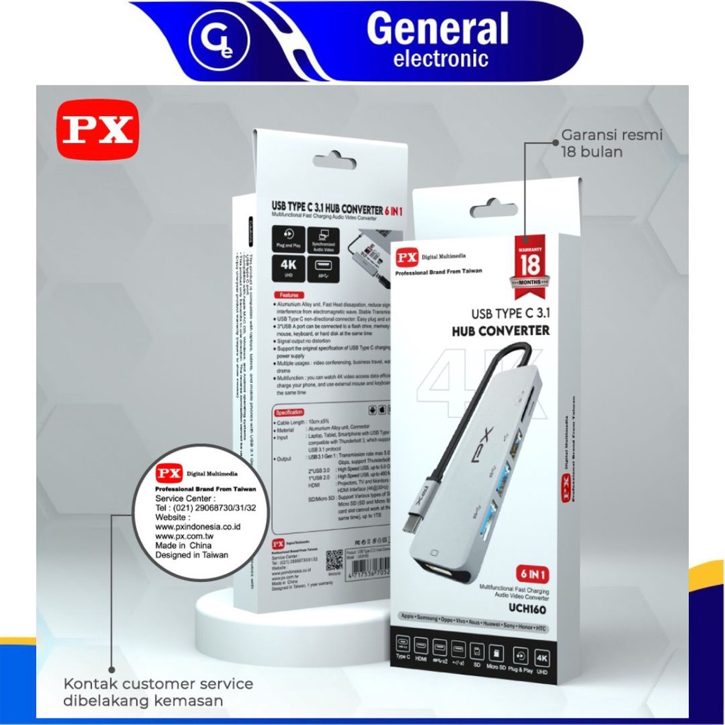 Type C 3.1 to HDMI Hub Converter USB Micro SD Card 6 in 1 PX UCH160