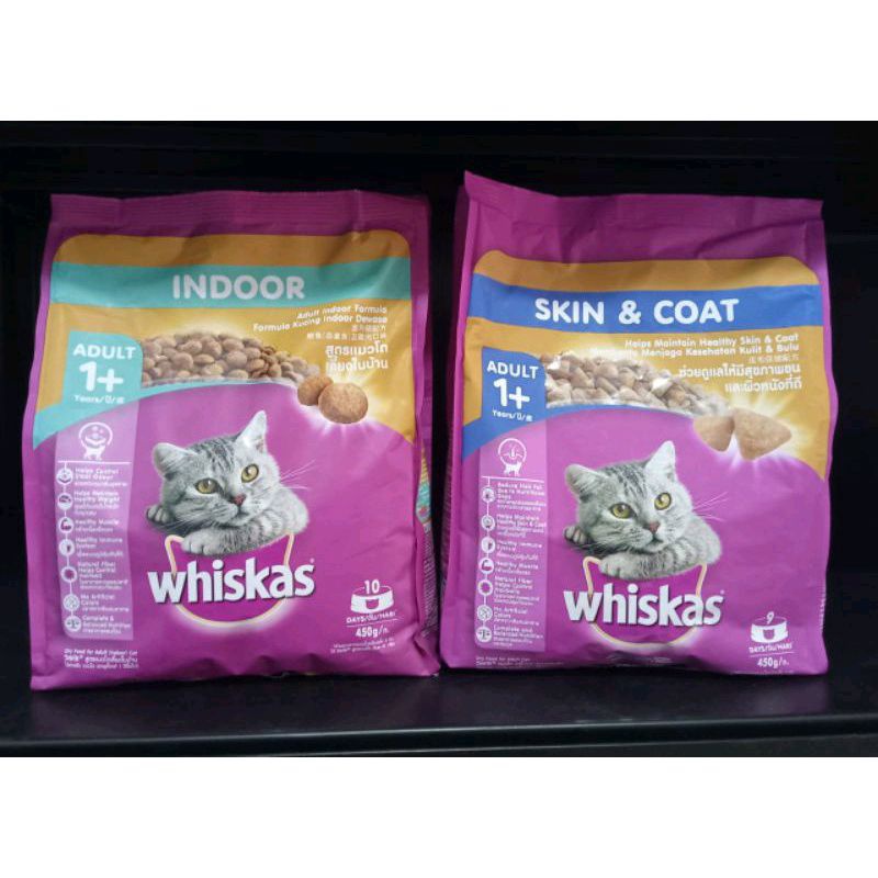 Whiskas Adult Cat Skin &amp; Coat dan Indoor freshpack 450gr | dry catfood makanan kucing kering Fungsional