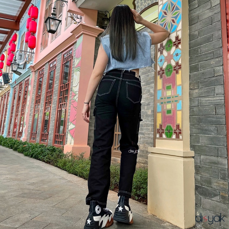 DISYAK - Boyfriend Cargo Jeans List Black 710-810