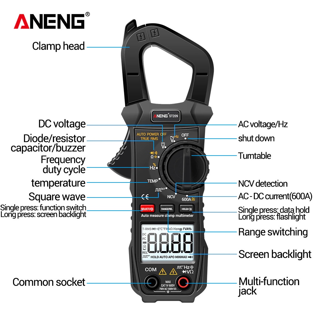 ANENG Digital Multimeter Voltage Tester Clamp - ST209 - Black