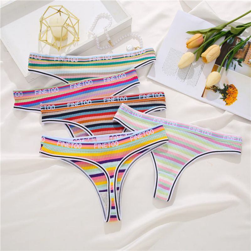 FINETOO FT53 Sexy Celana Dalam Wanita Thong Model Garis Rainbow Women Cotton Panty Soft