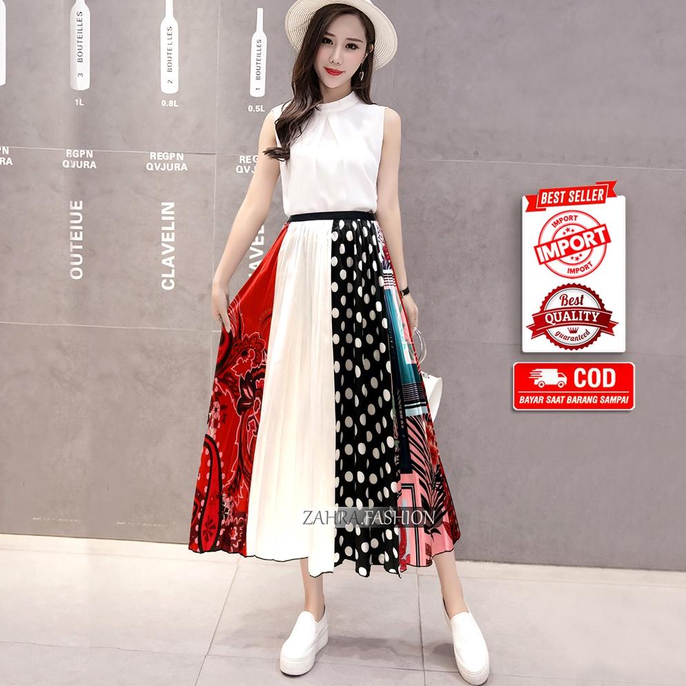 Rok Plisket Motif Polkadot Satin Premium Import murah 7/8 style korea terbaru | 321-3 | Rok Prisket 
